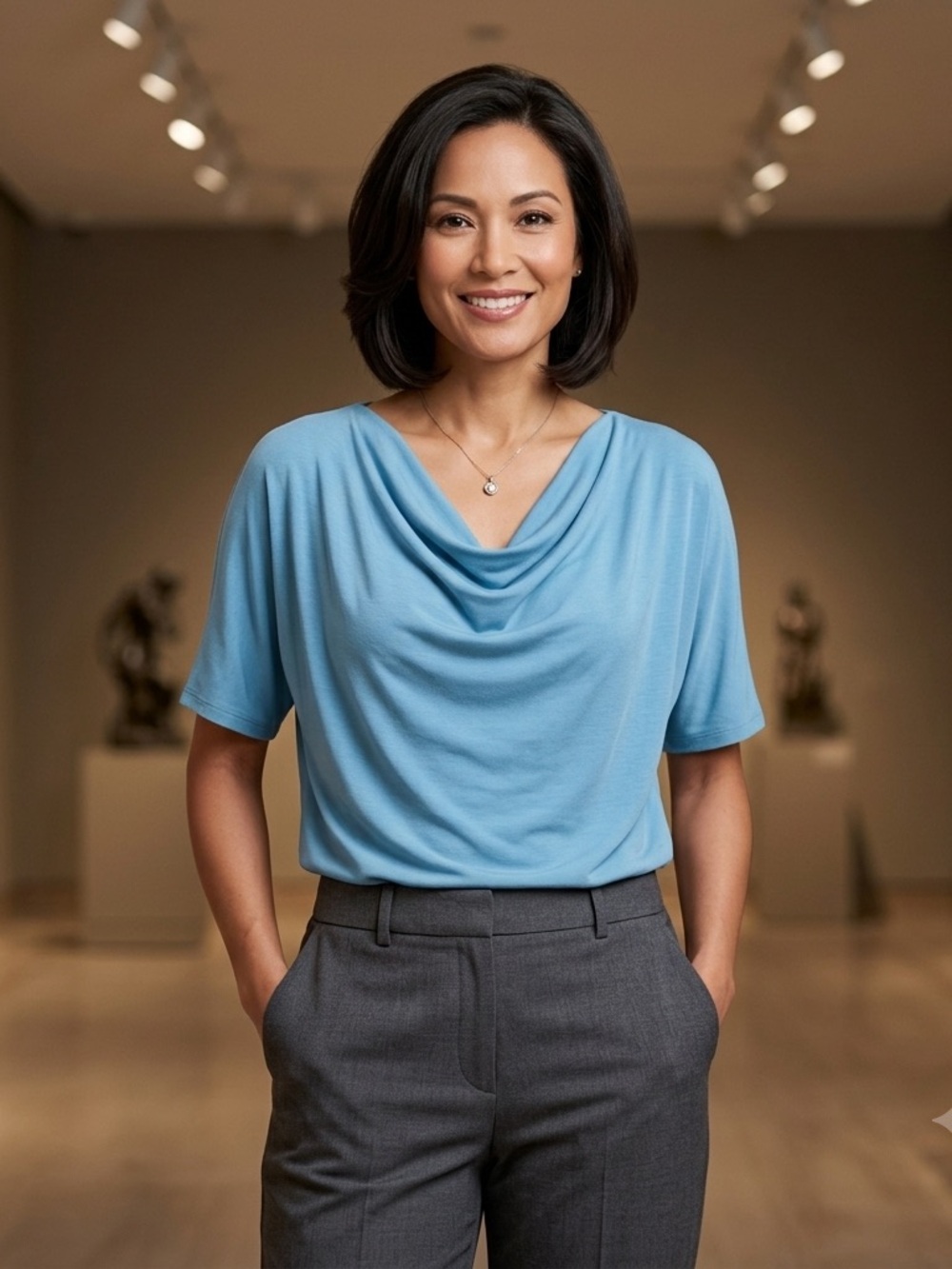 Green Envelope Blue Draped Neck Short-Sleeve top size Medium.